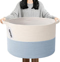 Large Blanket Basket for Organizing,115L Closet Organizers and Storage Bins Box for Shelves Woven Rope Storage Baskets,Living Room,Bedroom,Dorm,Laundry room (White&Blue)