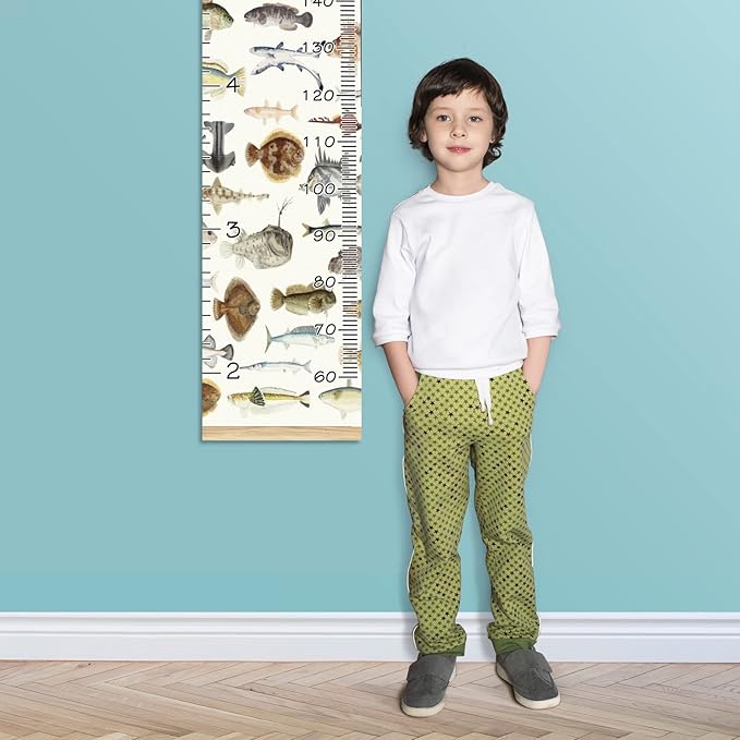 Personalized Kids Name Growth Chart Ruler for Wall Wood Frame Height Measure Chart 13.4x56 in Linen Hanging Height Growth Chart Colored Fish Drawing Kids Room Decor