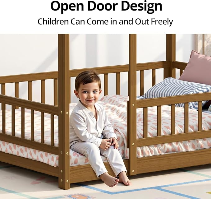 LLS Twin Size Montessori Floor Bed Frame with Slats and Fence, Wooden House Bed for Boys Girls Bedroom, Light Espresso