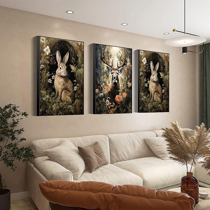 3pcs Vintage Forest Animal Canvas Wall Art Wild Animal Deer Rabbit Fox Paintings Pictures Dark Academia Wall Decor Gothic Botanical Posters Print Artwork for Living Room Office Decor 12x16in Unframed