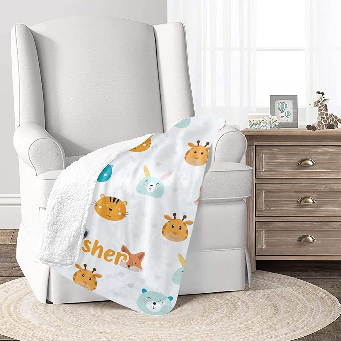 Cute Animal Rabbit Fox Personalized Receiving Sherpa Fleece Baby Blankets for Girls Boys Kids, Swaddle Blankets Gift for Newborn Crib Infants 30x40 Inches