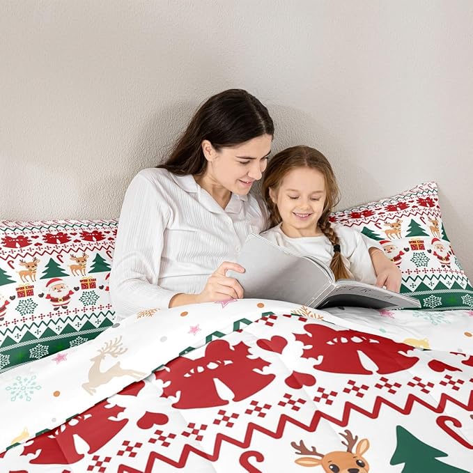 Feelyou Merry Christmas Kids Comforter Set King Size Santa Claus Bedding Set Cute Deer Duvet Quilt for Kids Boys Girls Bedroom Snowflake Decor Microfiber Ultra Soft Breathable