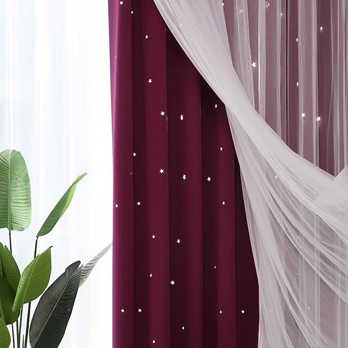 Kinryb Kids Blackout Curtains for Bedroom/Living Room/Classroom, Sheer Overlay 2 Free Tiebacks, Double Layer Curtains with Star Cutout for Kids Room(Each Piece W 70 x L 72 Inches 2 Pcs Red)