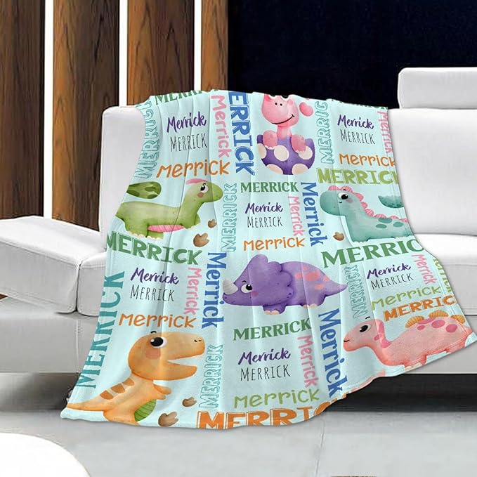 Dinosaur Lover Personalized Blanket with Custom Baby Dinosaur Custom Name Flannel Blanket Soft Throw Meaningful Gift for Toddlers Girls Boys Kids Pets 80 * 60" L for Adult