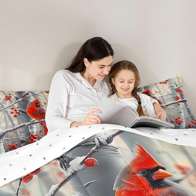 jejeloiu Kids Red Cardinal Comforter Set Twin Size Christmas Theme Bedding Set for Boys Girls Teens Xmas Birds Winter Rustic Country Farm Animal Duvet Quilt Room Decor