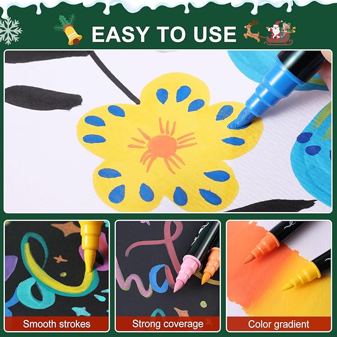 TOSAHRE Acrylic Paint Pens Markers 60 Colors Waterproof Dual Tip Acrylic Markers Set with Brush & Fine Tip Coloring Pens for Rock Painting Wood Scrapbook Fabric Glass Ceramic DIY Craft Art Supplies