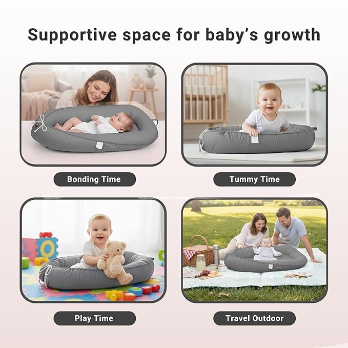 Baby Lounger – Infant Lounger for Newborn 0–24 Months, Baby Nest Lounger, Portable Newborn Lounger, Soft Breathable Cotton, Essentials for Babies at Home and Travel, Grey Solid