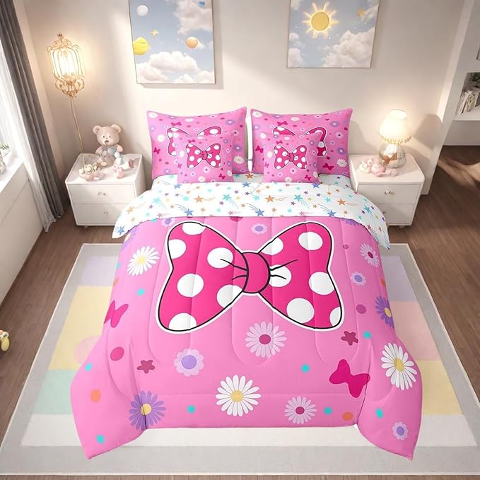 7 Pieces Pink Bowknot Kids Comforter Set King,Daisy Flowers Geometric Dot Patchwork Bedding Set,Bow Tie Cute Princess Dreamy Chic（Comforter+Fitted+Flat Sheet+2 Pillowcases+2 Throw Pillow Covers）