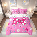 7 Pieces Pink Bowknot Kids Comforter Set Full,Daisy Flowers Geometric Dot Patchwork Bedding Set,Bow Tie Cute Princess Dreamy Chic（Comforter+Fitted+Flat Sheet+2 Pillowcases+2 Throw Pillow Covers）