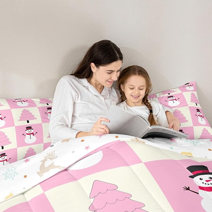 Feelyou Pink Christmas Kids Comforter Set Full Size Snowman Bedding Set Xmas Tree Duvet Quilt for Kids Boys Girls Bedroom Decor Microfiber Ultra Soft Breathable