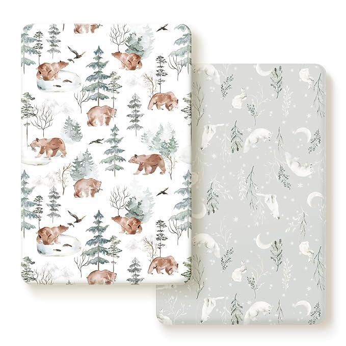 Stretchy Ultra Soft Jersey Knit Fitted Pack and Play Sheets Set 2 Pack, Portable/Mini Crib Sheets Safe and Snug Fitted for Boys and Girls, Cute Bear and Wolf Pattern
