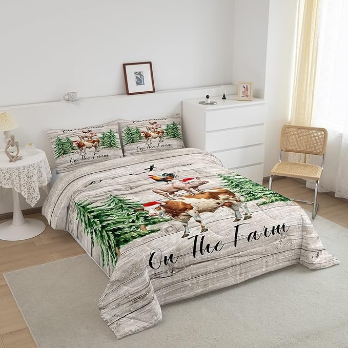 Castle Fairy Xmas Pine Trees Snowflake 3 Pcs Queen Size Comforter Set,Cartoon Cow Chicken Pig Down Alternative Adults Room Decor,Christmas Farmhouse Ultra Soft Microfiber Inner Fill 3Pcs Bedding