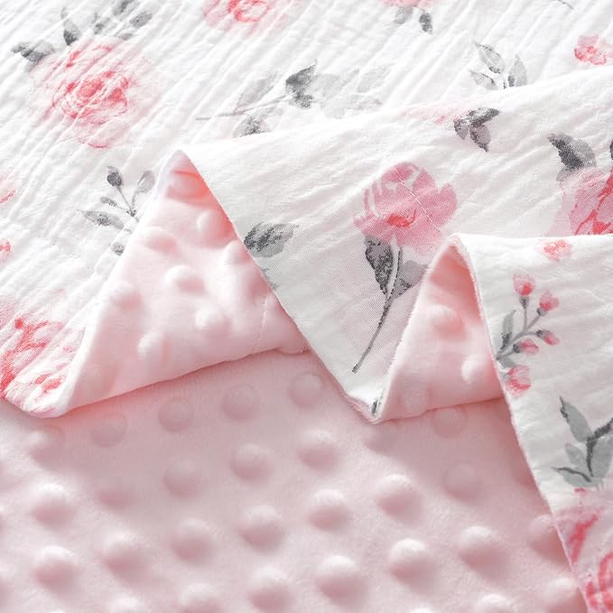 david's kids Muslin Minky Baby Blanket for Girls with Muslin Cotton Front and Dotted Fleece Backing, Breathable and Soft Lightweight Receiving Blanket for Newborns, 40x50 Inches, Floral