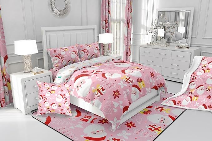 jejeloiu Santa Claus Comforter Set King Size Merry Christmas Bedding Set for Kids Boys Girls Xmas Themed Duvet Quilt Pink Bedroom Decor