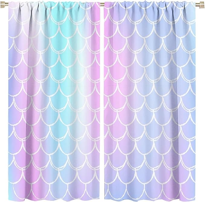 Fantasy Mermaid Curtain Rainbow Mermaid Scales Purple Pink Blue Ocean Theme Dream Blackout Window Treatment for Kids Boys Girls Bedroom Nursery Room Decor Rod Pocket Window Drapes 52x84in