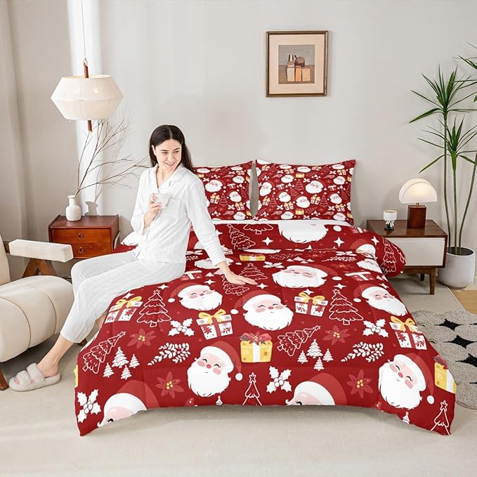 jejeloiu Santa Claus Comforter Set Twin Size Merry Christmas Bedding Set for Kids Boys Girls Xmas Themed Duvet Quilt Red Bedroom Decor