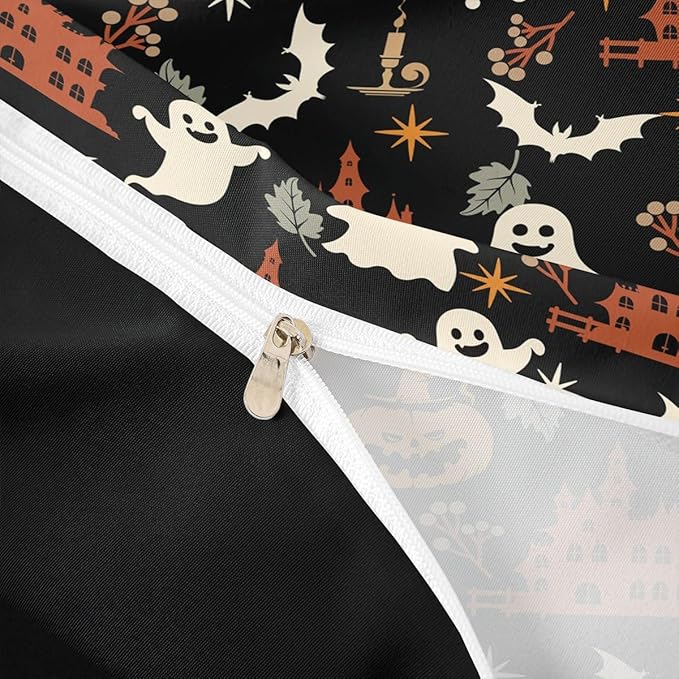 Halloween Bedding Duvet Cover Set Kids Cartoon Jack O Lantern Bedding Set Kids Ghost Pumpkin Lantern Decor Comforter Cover Set Microfiber Bats Castle Bedspread Cover Bedroom Bedclothes Toddler Size