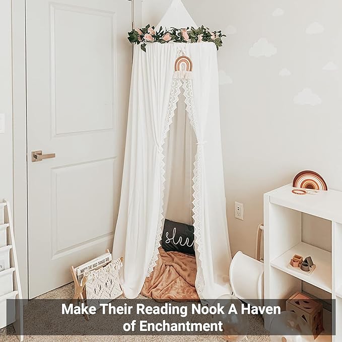 OldPAPA Kids Bed Canopy with Pom Pom Hanging Mosquito Net for Baby Crib Nook Castle Game Tent Nursery Play Room Decor，White