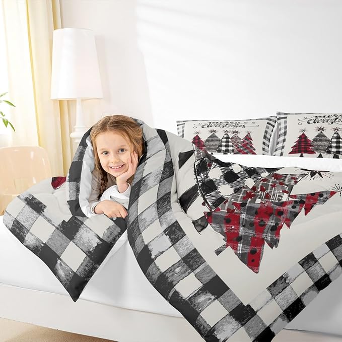Christmas Trees Kids Comforter Set Twin Size,Geometric Grids Ink Tie-dye Bedding,Girls Boys Adults Bedroom/Xmas Cabin Decor,Rustic Vintage Down Comforter,Black Grey Retro Duvet Insert,1 Pillowcase