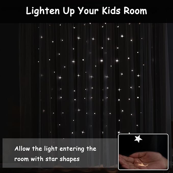 Kinryb Kids Blackout Curtains for Bedroom/Living Room/Classroom, Sheer Overlay Small 2 Panel Set, Double Layer Curtains with Star Cutout for Kids Room(W 52 x L 45 Inches,Black 2 Pcs)