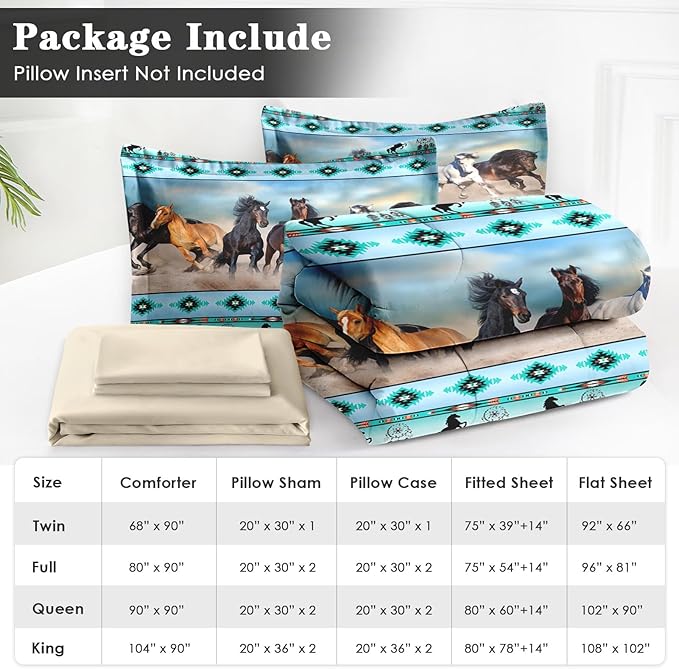5 Pcs Twin Size Comforter Set with Pillowcase & Sham, Horses Western Bedding for Kids and Adults, Tribal Sunset Run Bed in a Bag with Flat Fitted Sheet