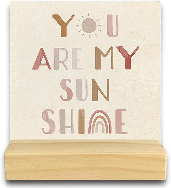QASHWEY Nursery Shelf Decor, Boho Desk Shelf Decor, Motivational Boho Sun Rainbow You Are My Sunshine Wooden Plaque with Wooden Stand for Home Nursery