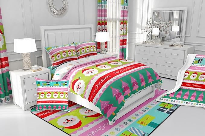 Feelyou Merry Christmas Comforter Set King Size Santa Claus Bedding Set for Kids Boys Girls Xmas Tree Snowflake Duvet Quilt Striped Bedroom Decor Microfiber 3 Pcs with 2 Pillow Cases