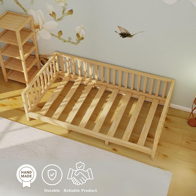 Montessori Floor Bed Designed with Open Front and Footed model for Girls and Boys | Pine Wood Natural Solid Frame Beds with Slats | Sturdy Designed Floor Bed Frame for Kids (Queen, Height : 23 Inches)