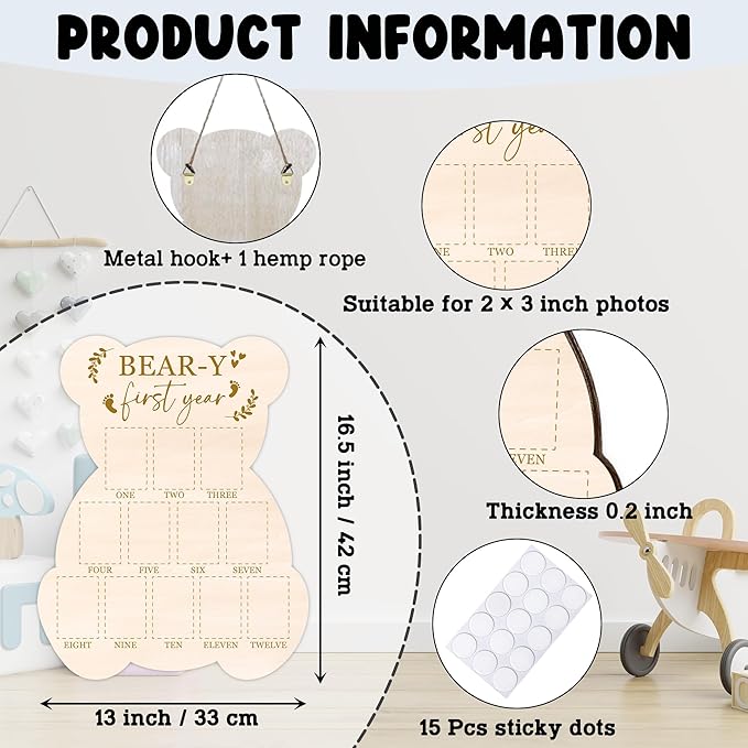 Bear My First Year Photo Board, Bear-Y Baby Milestone Signs for Boys Girls Nursery Decor, 12 Month Pictures for Baby First Year, Picture Board for 2x3 Photos, Best Babies Keepsake Gifts-A27