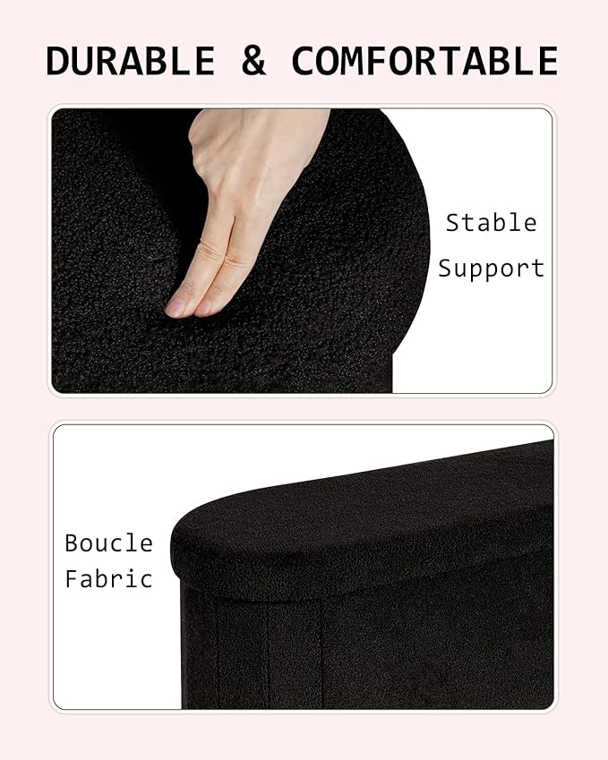 Storage Ottoman Bench, 43.3" Oval Upholstered Ottoman Foot Rest Foldable Boucle End of Bed Storage Bench for Living Room, Entryway, Black