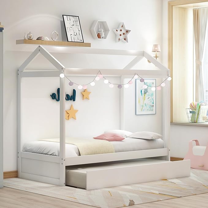 Merax House Bed with Trundle, Solid Wood Twin Size Daybed for Girls & Boys, Kids Platform Bed Frame with Roof for Bedroom, No Box Spring Needed, White