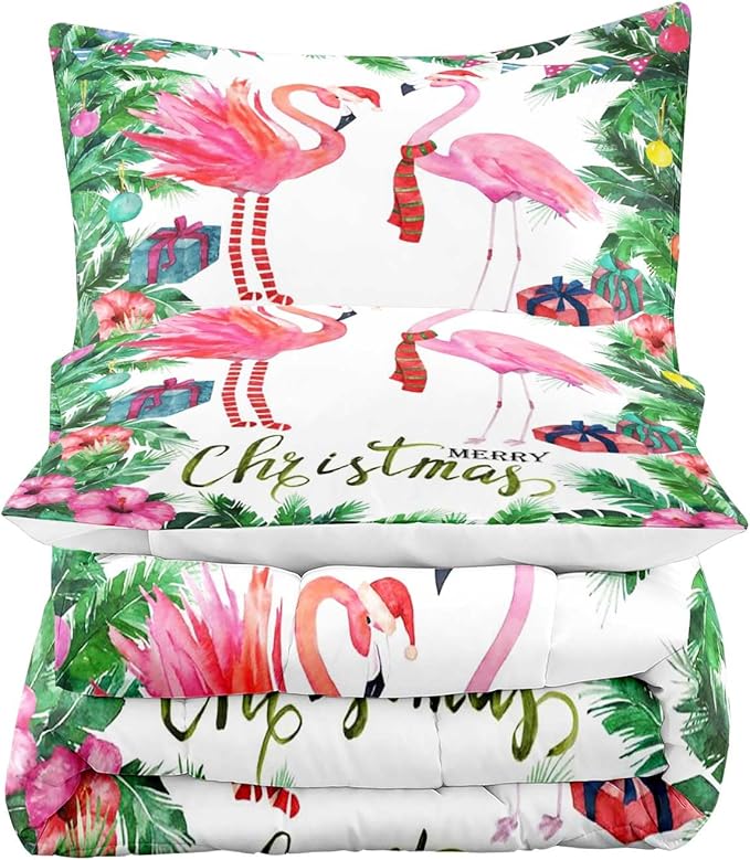 LUVIVIHOME 3PCS Merry Christmas Comforter Set King Size, Pink Flamingo Bedding, Teens Girls Boys Kids Bedding, Tropical Green Plant Botanical Hibiscus Flower White Quilt, Xmas Gifts, 2 Pillow Cases