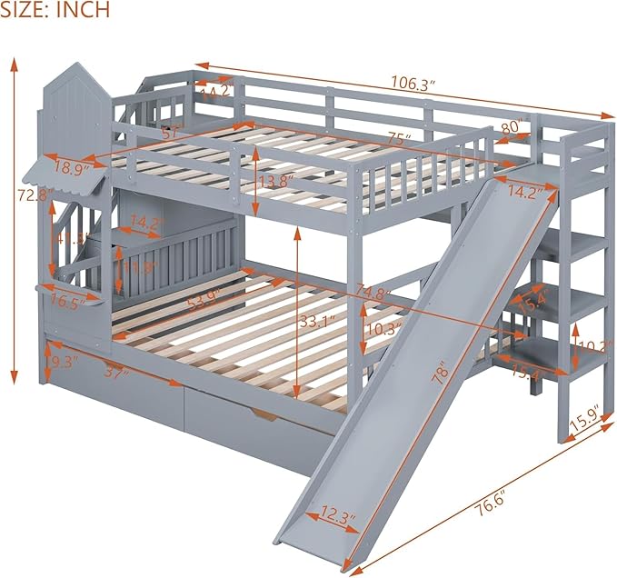 MERITLINE Full Over Full Castle Bunk Bed with Slide,Stairs and Drawers,Solid Wood Floor House Princess Bunk Bed with Storage Shelves (Grey,Full Over Full)