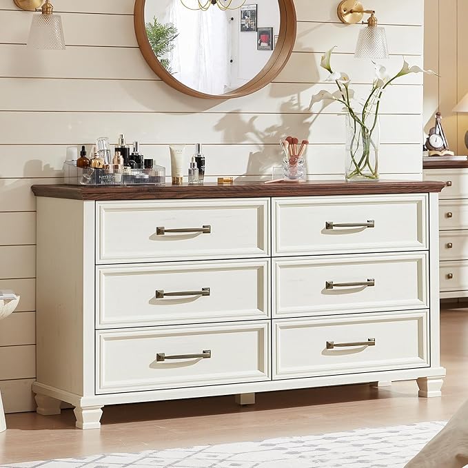 Farmhouse Bedroom Dresser and Nightstand Set of 4, 6 Drawer Low & 5 Drawers Dresser & 3 Drawer Nightstand Set with Wooden Legs, Rustic Wood Furniture for Bedroom, Hallway, White
