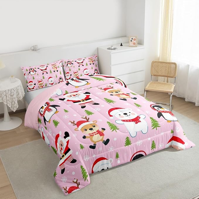 Feelyou Pink Christmas Bedding Set Soft for Boys Girls, Santa Claus Comforter Set King Size Penguin Deer Duvet Quilt Microfiber Xmas Snowflake Tree Bedroom Decor 3 Pcs with 2 Pillow Cases