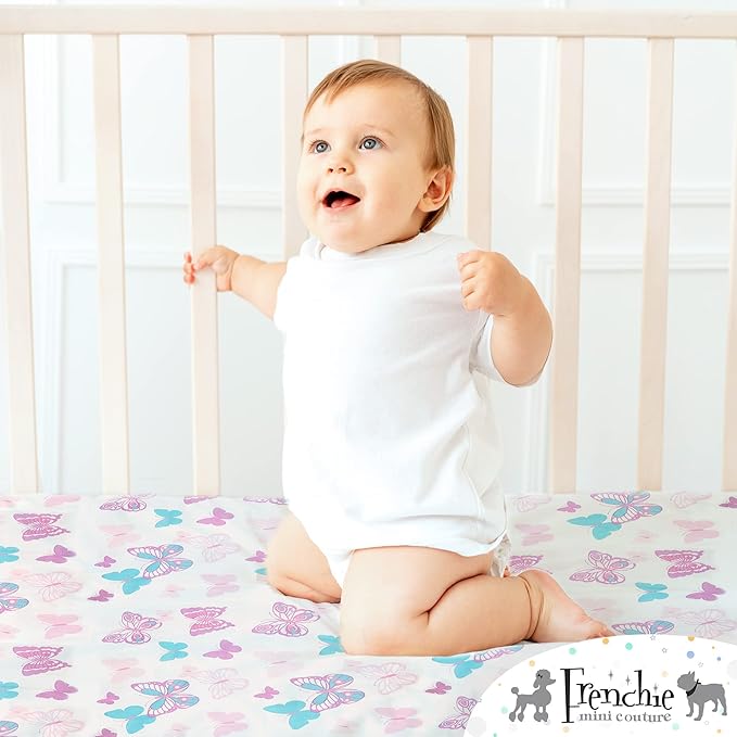 Frenchie Mini Couture, Fitted Crib Sheet Single, 100% Woven Cotton, Toddler Fitted Sheet, Fits Standard Size Baby Mattress 28 x 52 x 8in, Butterfly (White)
