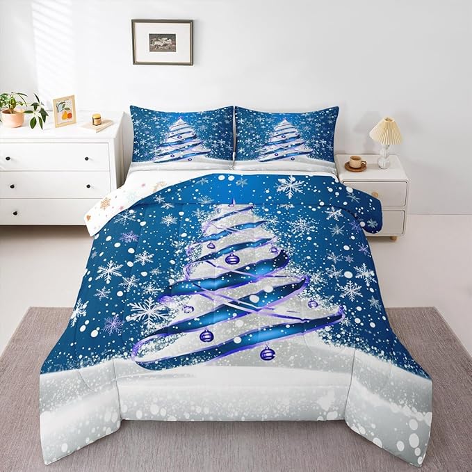 Feelyou Merry Christmas Kids Comforter Set Toddler Size Christmas Tree Bedding Set Snowflake Duvet Quilt for Kids Boys Girls Bedroom Winter Decor Microfiber Ultra Soft Breathable
