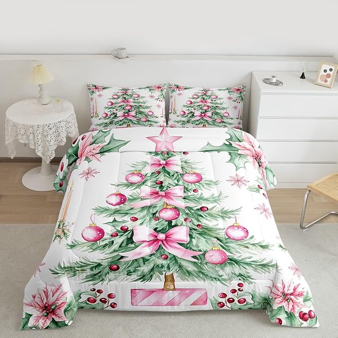 Feelyou Pink Christmas Comforter Set King Size Xmas Tree Bedding Set for Kids Boys Girls Xmas Ornaments Duvet Quilt Snowflake Bow Bedroom Decor Microfiber 3 Pcs with 2 Pillow Cases