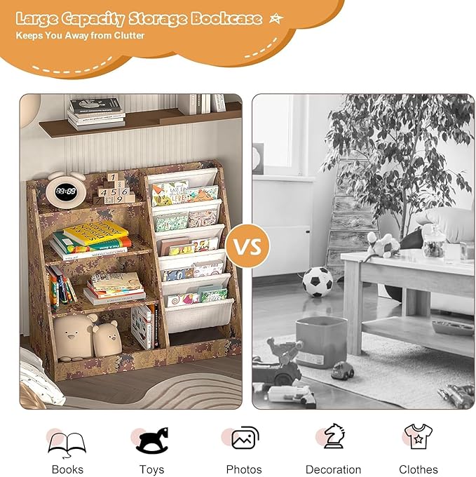 NACHES Montessori Kids Bookshelf Fabric Sling Pockets & Open Shelves – Front Facing Toddler Book Display and Toy Storage Organizer for Nursery Playroom or Bedroom 35" Wide (Camouflage Color, Middle)