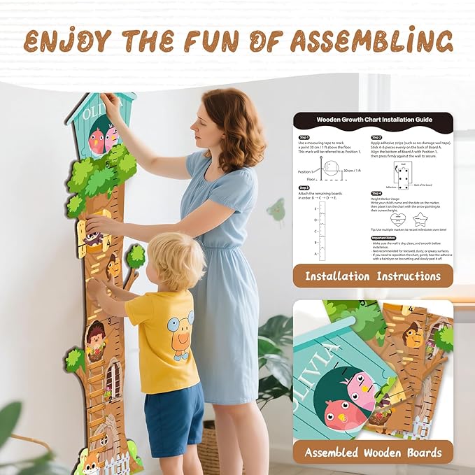 Personalized Wooden Growth Chart, Tree House Animals Height Chart for Kids Room, Wood Kids Measuring Chart, Nursery Growth Chart Ruler Measuring Board for Boys Girls