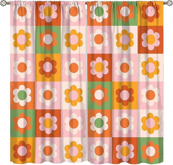 70s Flowers Curtains,Vintage Cute Colorful Abstract Floral for Girls Kids Bedroom Bathroom Curtains Window,Trendy Groovy Funky Novelty Home Window Treatments Drapes 55"" W X 63"" L, Style-5