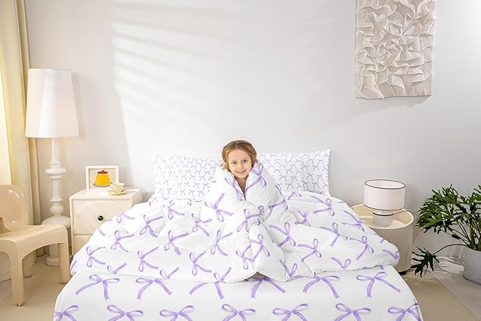 Manfei 7 Pieces Cartoon Bowknot Kids Comforter Full Size,Bow Tie Knot Princess Girls Bedding Set,Cute Bow Sketch Geometric Purple Romantic（Comforter+Fitted+Flat+2 Pillowcases+2 Throw Pillow Covers）