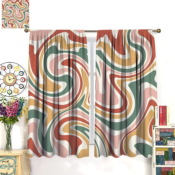 70S Abstract Wavy Swirl Curtain for Bedroom Windows,Retro Boho Minimal Teen Girls Kids Living Room Restroom Window Treatments Drapes 72"" W X 63"" L, Style-4