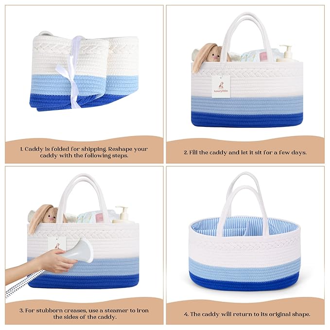 Baby Diaper Caddy Organizer, Extra Large Cotton Rope Nursery Diaper Basket, Changing Table Organizer, Portable Tote Bag with Divider, Car Storage, Baby Shower Gifts for Newborn Boys - Blue