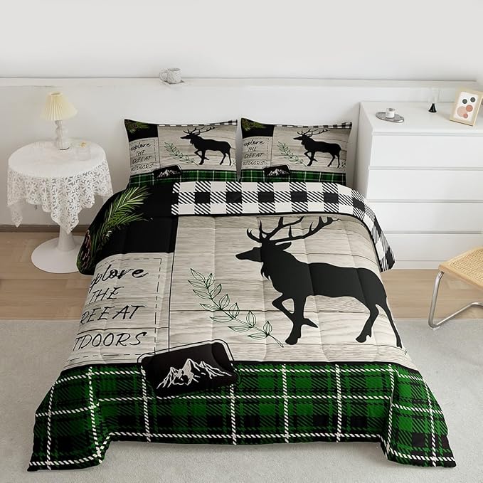 Elk Silhouette Kids Comforter Set Queen Size,Palm Leaves Old Plank Bedding,Girls Boys Adults Bedroom/Xmas Cabin Decor,Camper Explore Down Comforter,Geometric Grids Plaid Duvet Insert,2 Pillowcases