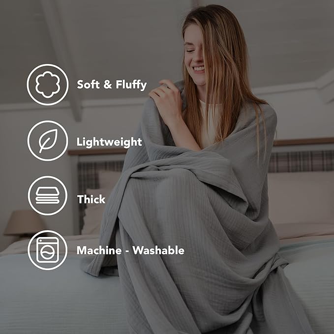Goqan Muslin Blanket King Size 90x108 – 100% Cotton 4 Layer Boho Muslin Blanket for Adults, Lightweight, Soft, Breathable for Bed, Couch - Light Grey