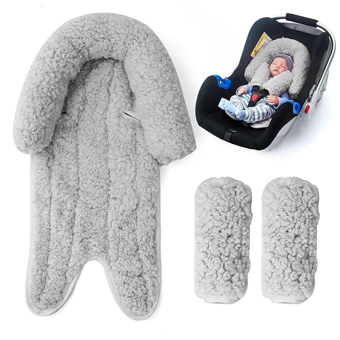 Winter Carseat Head Support for Infant, Infant Car Seat Insert with 2 Car Seat Strap Pads, Plush Fleece Baby Car Seat Cushion for Boys Girls, Multi-use Stroller Padding for Swing, Bouncer, Rocker