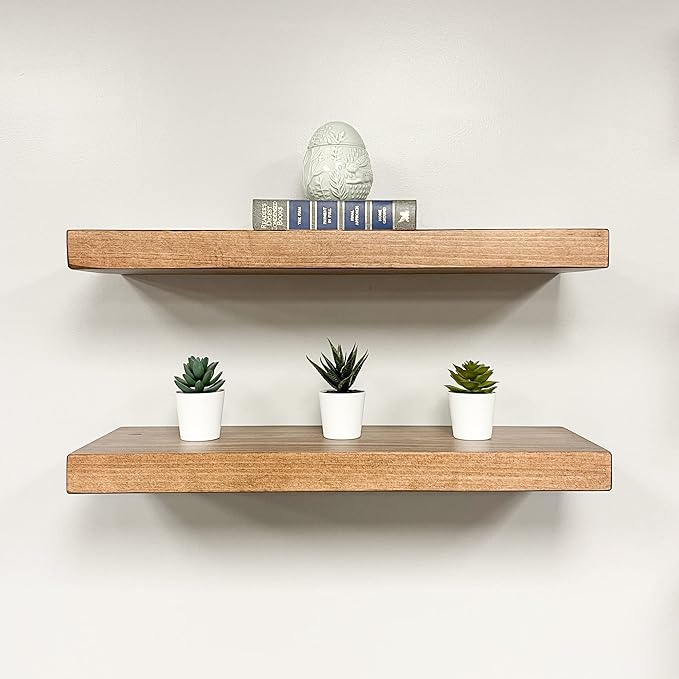 URBANDI, Rustic Floating Shelves, Set of 2, Hidden Bracket, Solid Wood, Heavy Duty, Wall Mounted Shelves, (Brown, 12Wx12D)