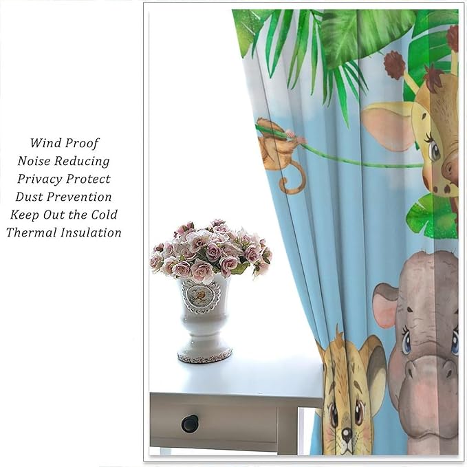 Kids Animals Blackout Curtains Watercolor Cartoon Cute Animals Green Jungle Art Printed for Children Girls Boys Bedroom Nursery Rod Pocket Decoration Window Drapes 2 Panels W21xL63in