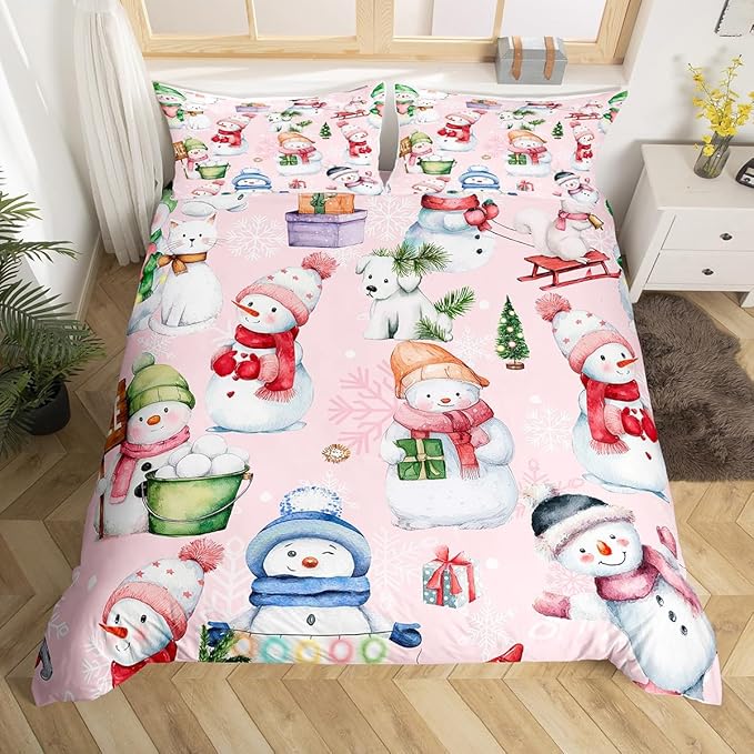 Manfei Christmas Duvet Cover Set King Size, Cute Snowman Dogs Snowflake Comforter Cover with 2 Pillowcases, New Year Pink Bedding Set 3pcs for Kids Boys Girls Lightweight Bedspread Cover,No Comforter